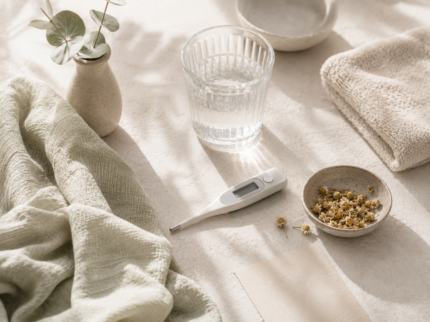 Thermometer, Glas Wasser und Tuch als ruhiges Gesundheits-Stillleben